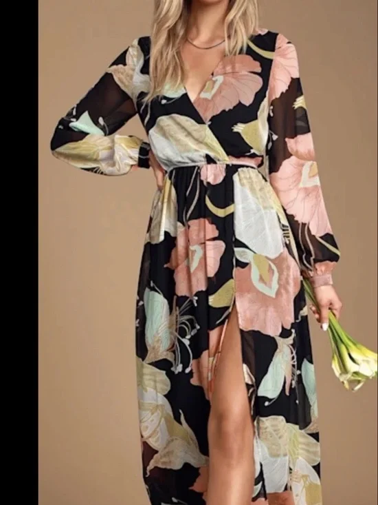 Lulus Floral Black Maxi Dress with Pink and Cream Prints NEW - Picture 3 of 7